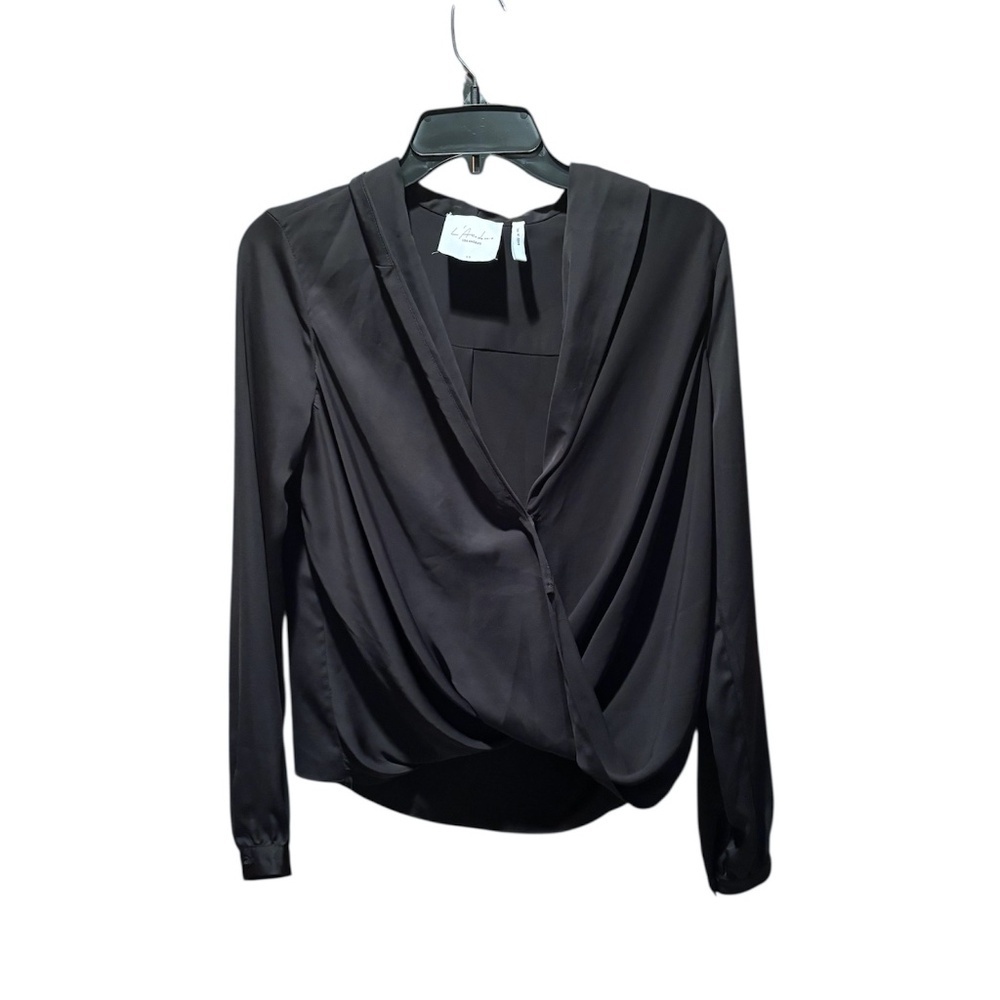 L'Academie Long Sleeve Surplice Neckline Blouse in Black XS